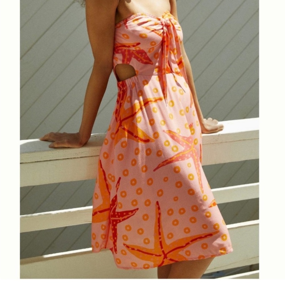 Farm Rio Anthropologie Coral Star Fish Cut Out Strapless Dress Size Large